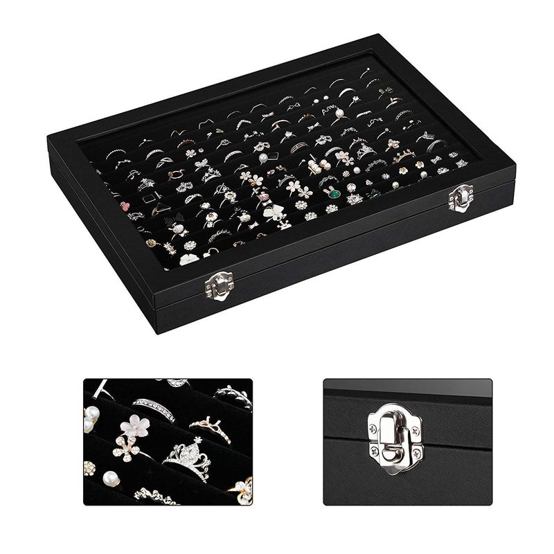 BucketList Fabric Glass Jewelry Ring Display Box Tray Holder Storage Organizer - Display Storage Showcase - Fabric Glass Tray Holder Storage Box (Black) - Image 1