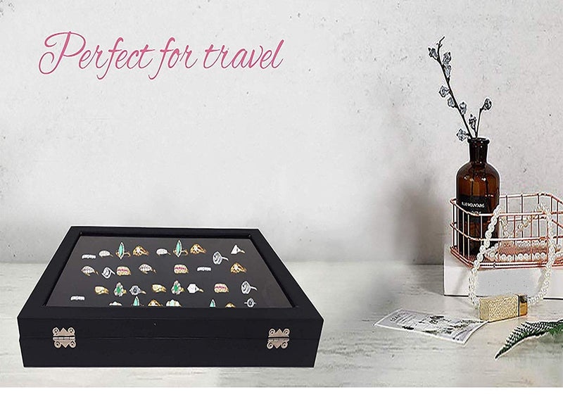 BucketList Fabric Glass Jewelry Ring Display Box Tray Holder Storage Organizer - Display Storage Showcase - Fabric Glass Tray Holder Storage Box (Black) - Image 5