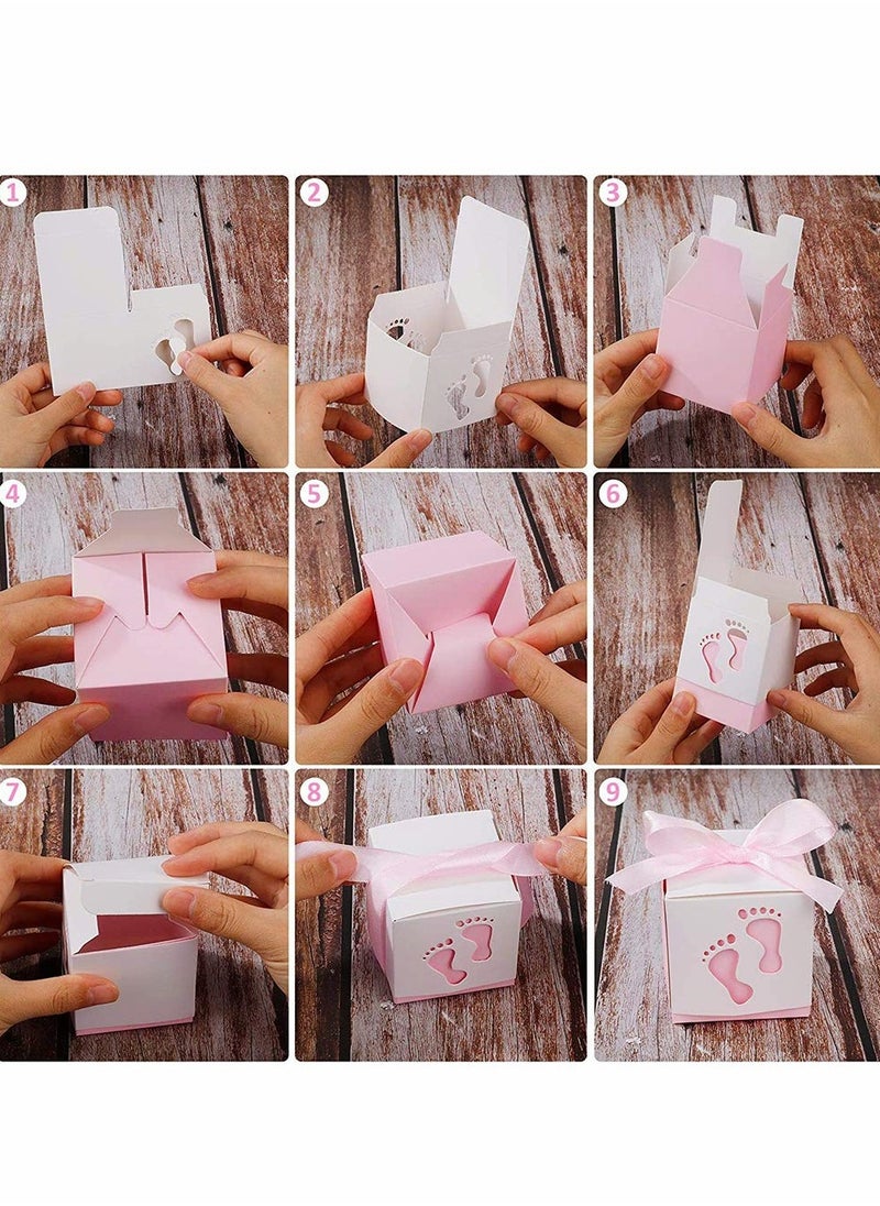 KASTWAVE Candy Favour Gift Boxes, Ribbon Candy Gift Box, 25 Pieces Baby Candy Boxes, Baby Footprints Candy Boxes, for Baby Showers, Kids Birthday, Wedding Party, Party (Pink)  - Image 4