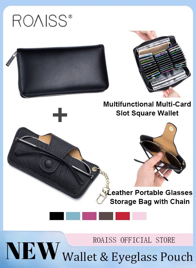 roaiss Unisex Wallet and Cable Organizer Set Genuine Leather Accordion Wallet with Multiple Card Slots and Passport Holder and Leather Sunglasses Case with Hanging Chain for Sunglasses Storage - Image 1