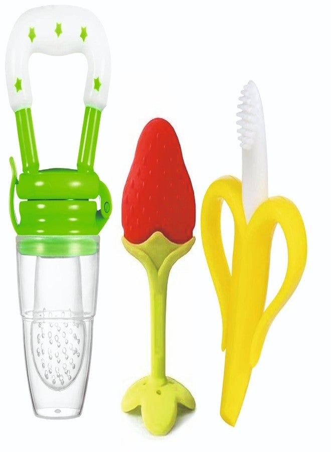 Roforuf Baby Banana Teether,Strawberry Teether & Fruit Feeder Combo – Safe & Soft Teething Relief & Oral Care Perfect for Newborn Toddlers & Infant Baby - Pack of 3 (Green STBRY) - Image 1