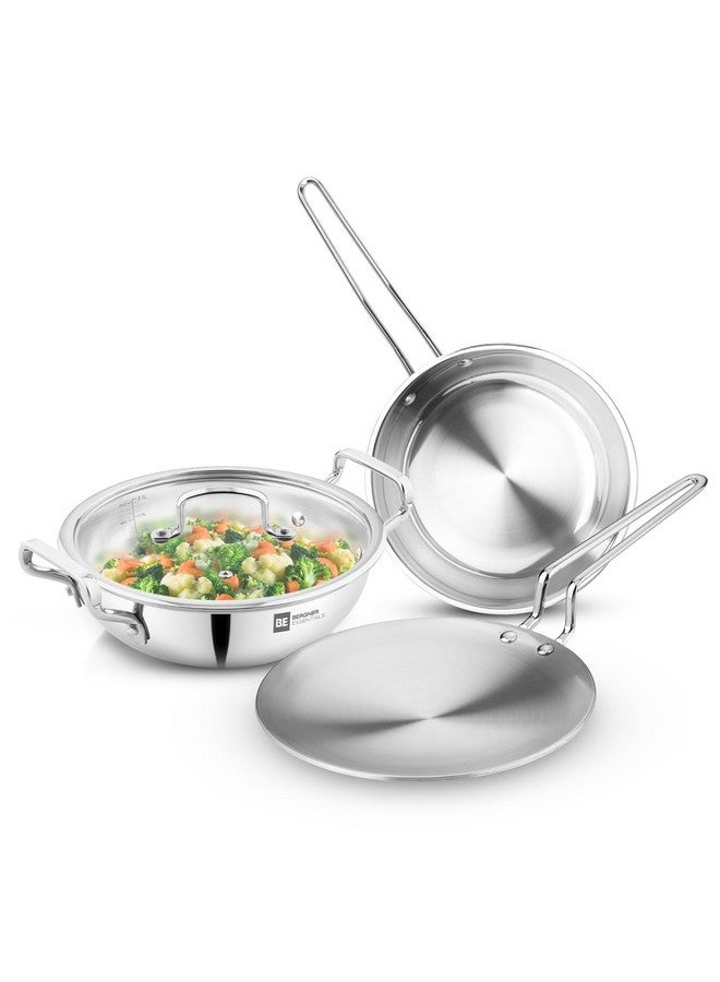 BERGNER مجموعة أواني الطهي من بيرجنر بي إي أسينشالز ثلاثية الطبقات 4 قطع - كاداي 24 سم (3.1 لتر)، مقلاة 24 سم (1.5 لتر)، غطاء زجاجي مسطح مشترك، طاوة روتي 26 سم، استخدام أقل للزيت، توزيع متساوي للحرارة - قاعدة مناسبة للطبخ بالحث - Image 1