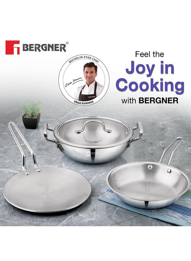 BERGNER مجموعة أواني الطهي من بيرجنر بي إي أسينشالز ثلاثية الطبقات 4 قطع - كاداي 24 سم (3.1 لتر)، مقلاة 24 سم (1.5 لتر)، غطاء زجاجي مسطح مشترك، طاوة روتي 26 سم، استخدام أقل للزيت، توزيع متساوي للحرارة - قاعدة مناسبة للطبخ بالحث - Image 2