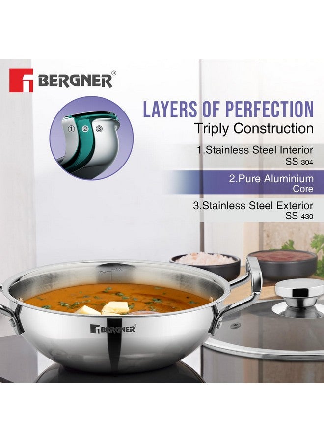 BERGNER مجموعة أواني الطهي من بيرجنر بي إي أسينشالز ثلاثية الطبقات 4 قطع - كاداي 24 سم (3.1 لتر)، مقلاة 24 سم (1.5 لتر)، غطاء زجاجي مسطح مشترك، طاوة روتي 26 سم، استخدام أقل للزيت، توزيع متساوي للحرارة - قاعدة مناسبة للطبخ بالحث - Image 3