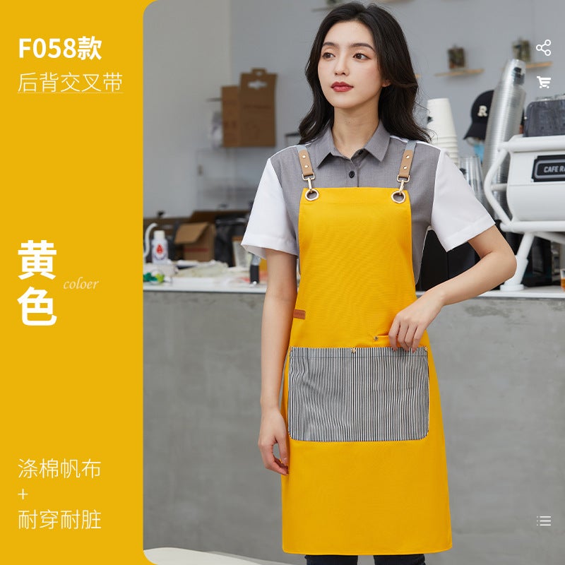 Yellow waterproof canvas apron custom logo printing catering special milk tea shop snack house supermarket work clothes women [striped pocket] ls-f058 polyester canvas apron yellow