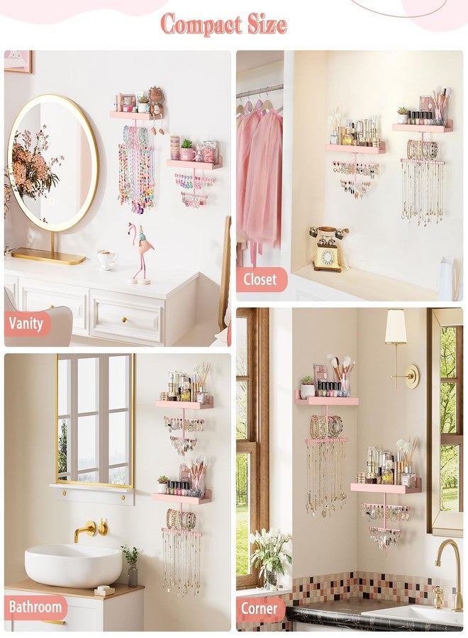Keebofly Jewelry Organizer Hanging Wall Mounted with Rustic Wood Shelf,2 Pack, Jewelry Holder Wall Storage Display for Necklaces Bracelet Earrings Ring Pink [Patented] - Image 3