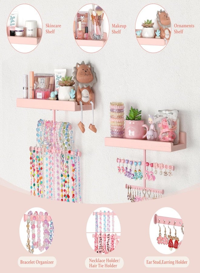 Keebofly Jewelry Organizer Hanging Wall Mounted with Rustic Wood Shelf,2 Pack, Jewelry Holder Wall Storage Display for Necklaces Bracelet Earrings Ring Pink [Patented] - Image 2