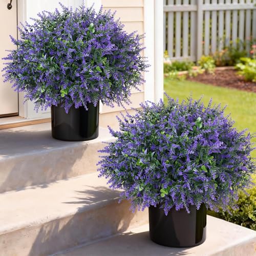 GLIDLION Set of 2 Artificial Eucalyptus Leaf & Lavender Topiary Trees for Front Door - UV Protection Faux Topiary Trees Fake Greenery Plant with Black Flowerpot for Farmhouse,Home,Outdoor Decor - Image 1