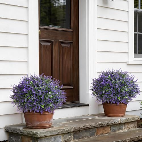GLIDLION Set of 2 Artificial Eucalyptus Leaf & Lavender Topiary Trees for Front Door - UV Protection Faux Topiary Trees Fake Greenery Plant with Black Flowerpot for Farmhouse,Home,Outdoor Decor - Image 2