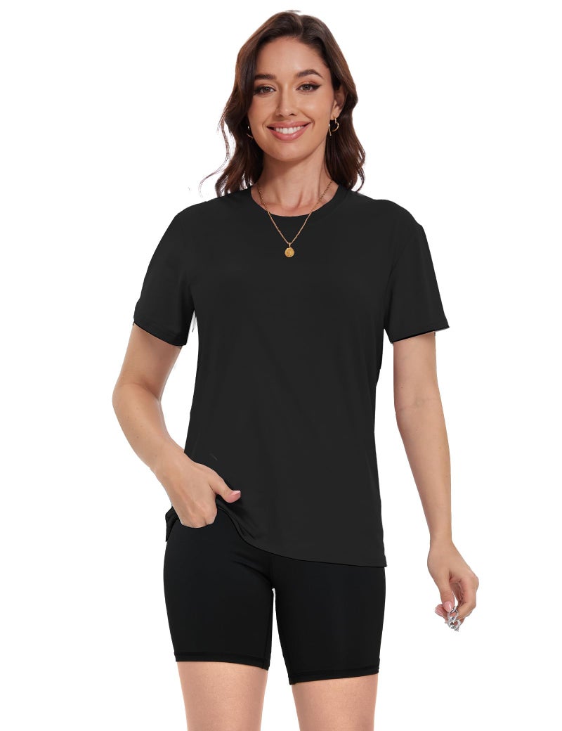 Kinglaman 4 Pack Women Workout Gym T Shirts Tees, Basic Short Sleeve Loose Fit Crew Neck Tshirts Summer Tops 2 Black 1 Gray 1 White Medium - Image 2