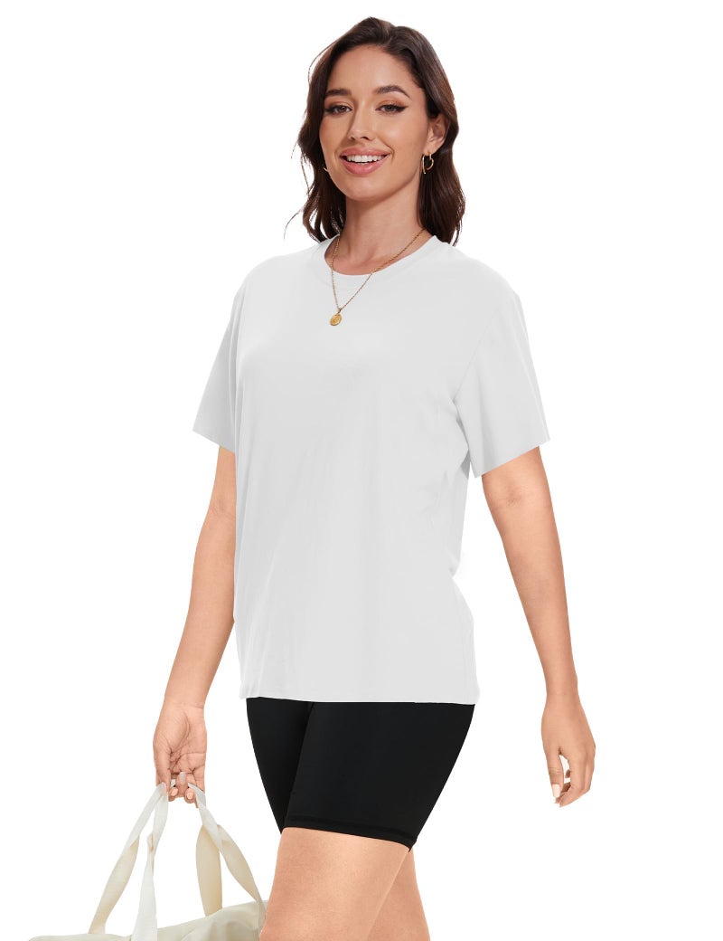 Kinglaman 4 Pack Women Workout Gym T Shirts Tees, Basic Short Sleeve Loose Fit Crew Neck Tshirts Summer Tops 2 Black 1 Gray 1 White Medium - Image 3