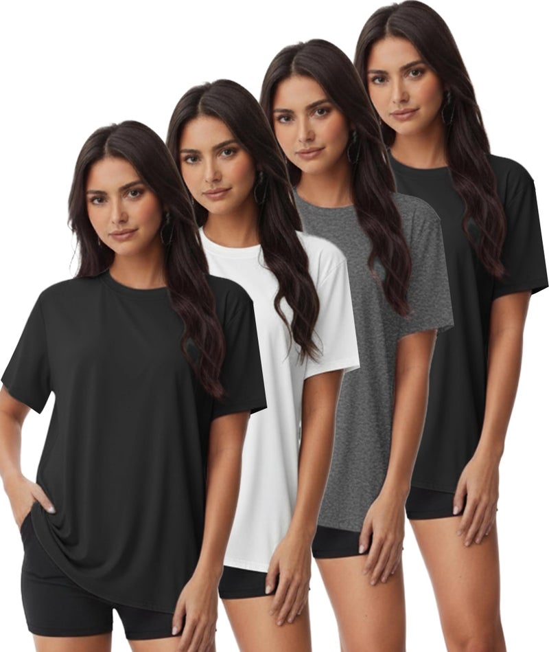 Kinglaman 4 Pack Women Workout Gym T Shirts Tees, Basic Short Sleeve Loose Fit Crew Neck Tshirts Summer Tops 2 Black 1 Gray 1 White Medium - Image 1