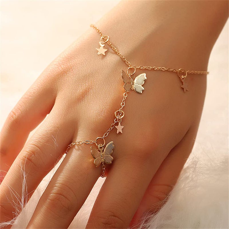 Dtja Butterfly Finger Ring Bracelet for Women Dainty Star Slave Hand Chain Harness Bangle Boho Gypsy Bollywood Beach Wedding Retro Party Y2K Jewelry 2 Pieces - Image 3
