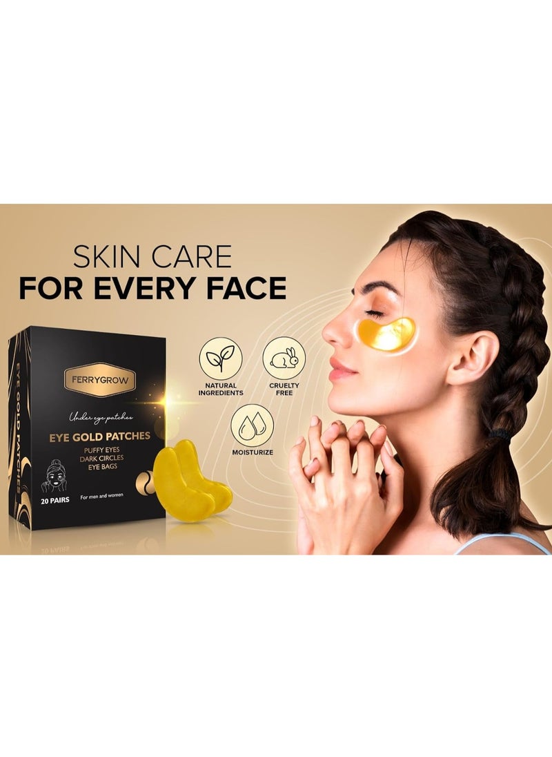FERRYGROW - Gold under Eye patches (20 pairs) Under Eye Gel for Dark Circles & puffy eyes with Natural Collagen  Anti Aging eye gel Eye Mask Nourish Eye Mask Gold Eye patches - Image 1