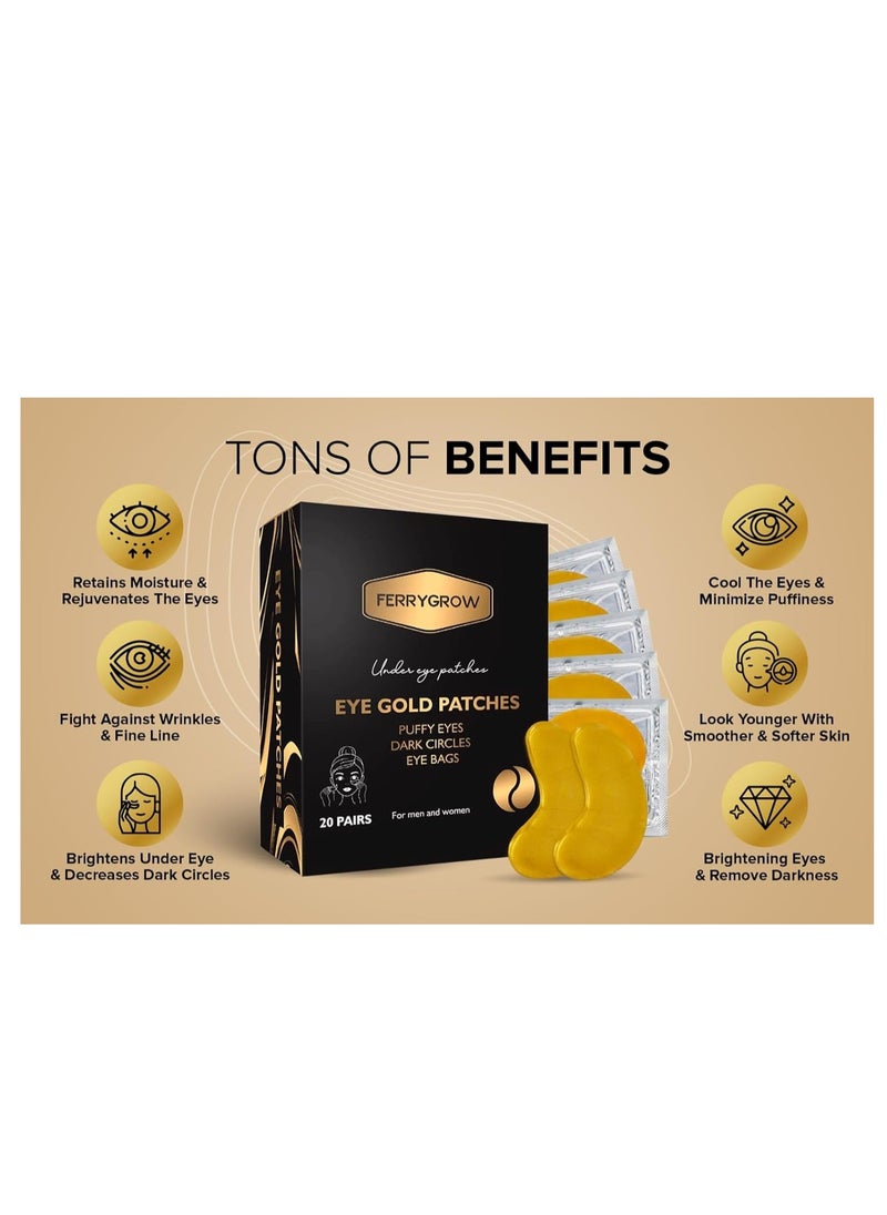 FERRYGROW - Gold under Eye patches (20 pairs) Under Eye Gel for Dark Circles & puffy eyes with Natural Collagen  Anti Aging eye gel Eye Mask Nourish Eye Mask Gold Eye patches - Image 1