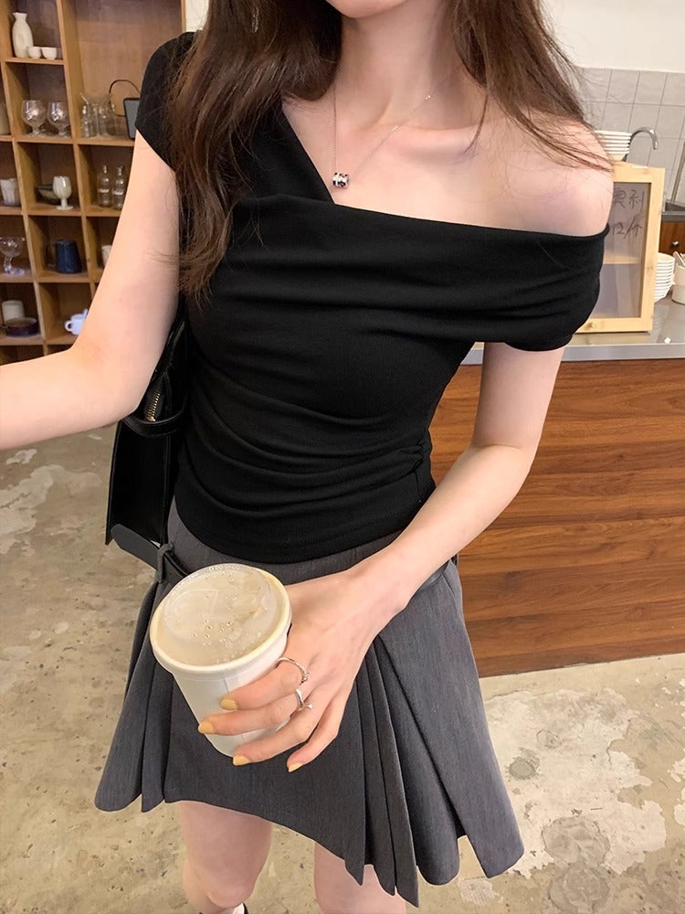 American Style Girl Off-Shoulder Collar T-Shirt Women'S 2024 Summer Niche Design Short Top Fashionable Pink Short Sleeve - Image 5