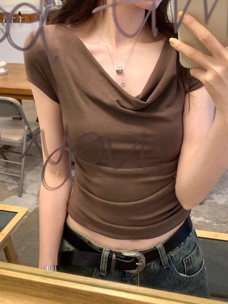 American Style Girl Off-Shoulder Collar T-Shirt Women'S 2024 Summer Niche Design Short Top Fashionable Pink Short Sleeve - Image 4