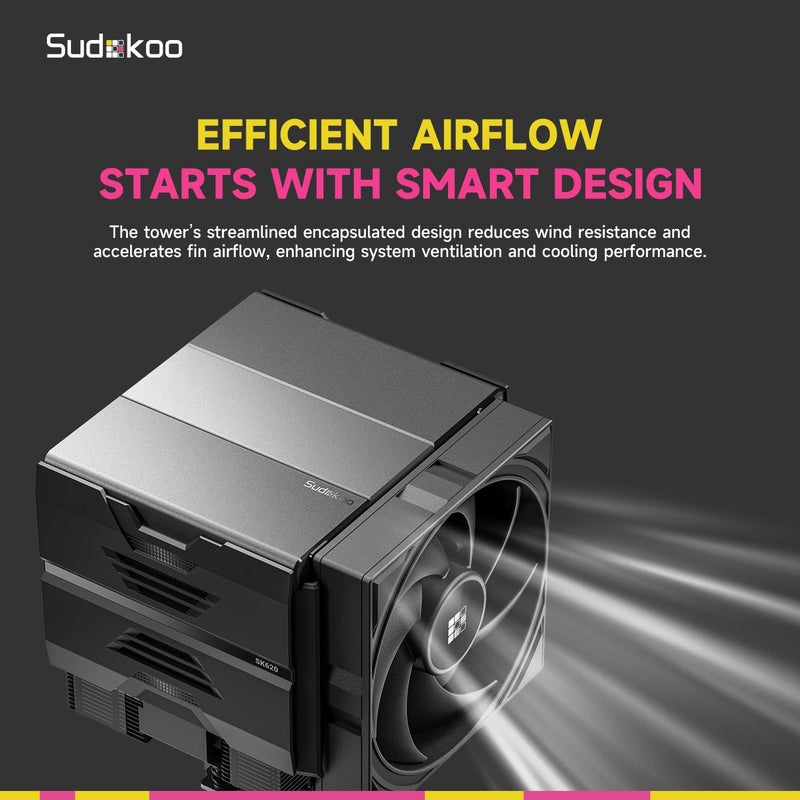 Sudokoo SK620 AM5 مبرد هواء: مبرد وحدة المعالجة المركزية ذو برجين مزود بـ 6 أنابيب حرارية وخاص بمنصة AM5 - مبرد كمبيوتر يحتوي على مراوح هادئة من نوع FDB PWM بقطر 120 مم ومثبت سريع. - Image 5