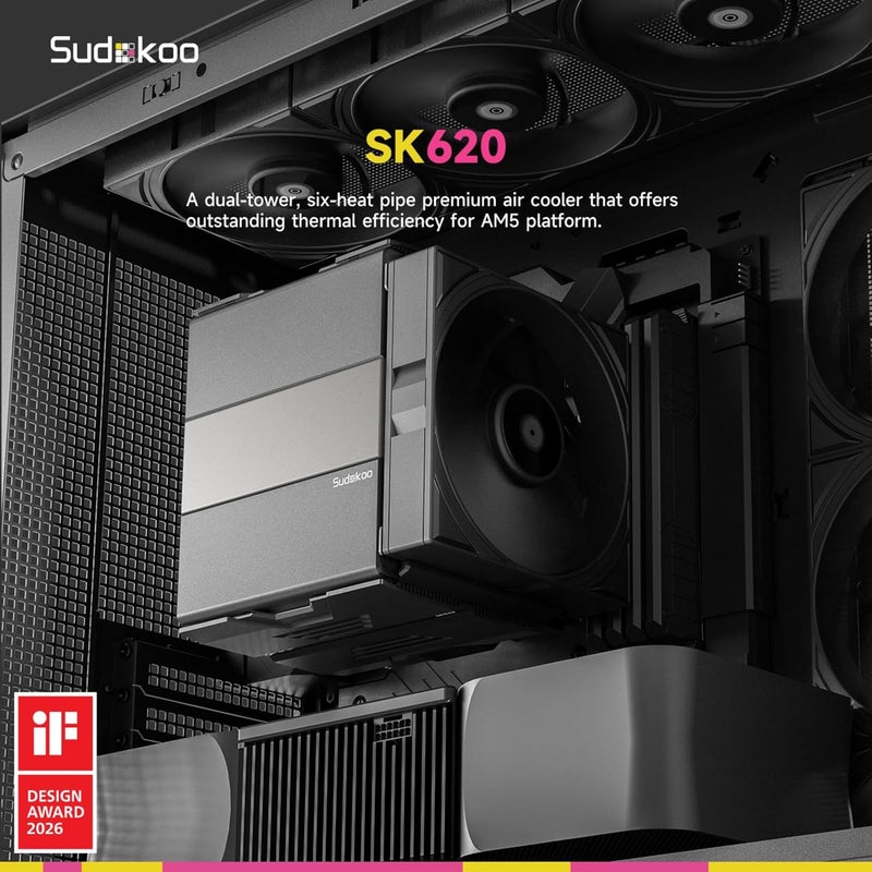 Sudokoo SK620 AM5 مبرد هواء: مبرد وحدة المعالجة المركزية ذو برجين مزود بـ 6 أنابيب حرارية وخاص بمنصة AM5 - مبرد كمبيوتر يحتوي على مراوح هادئة من نوع FDB PWM بقطر 120 مم ومثبت سريع. - Image 2