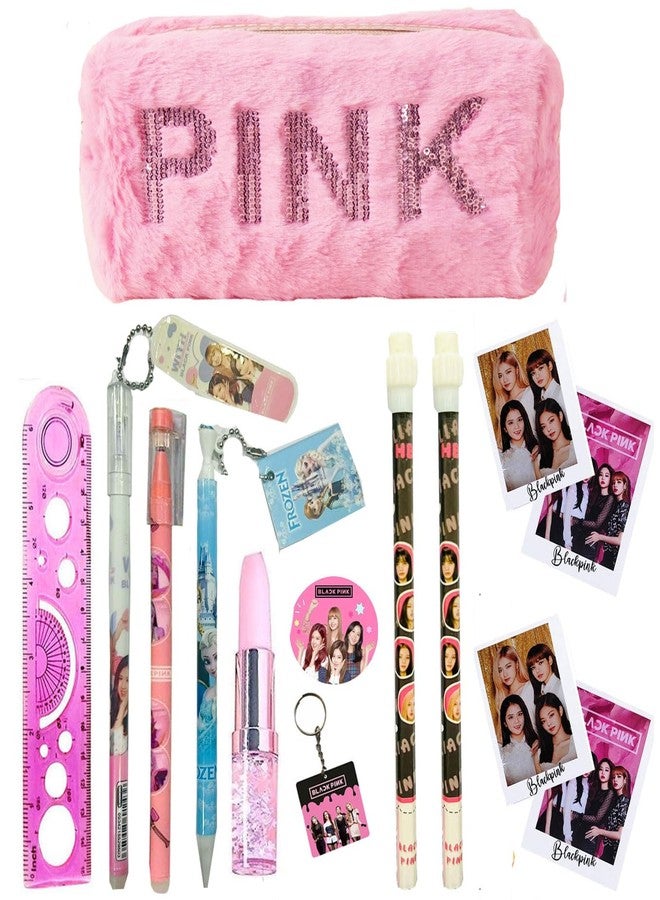 14ps Black Pink Theme Pen Pencil Keychain Badge for Girls Designer stationeries with Cute Black Pink Fur Cotton Stationery Pouch Fancy School Item Birthday Return Party Favor give Away Gift for Kids