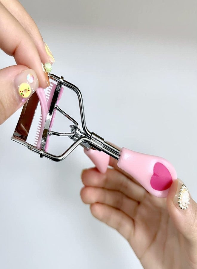 MERVK Stainless Steel Eyelash Curler with Built-in Comb Pinch Pain-Free Suitable for Any Eye Shapes and Sizes, with 5 Silicone Refill Pads (Light Pink) - Image 2