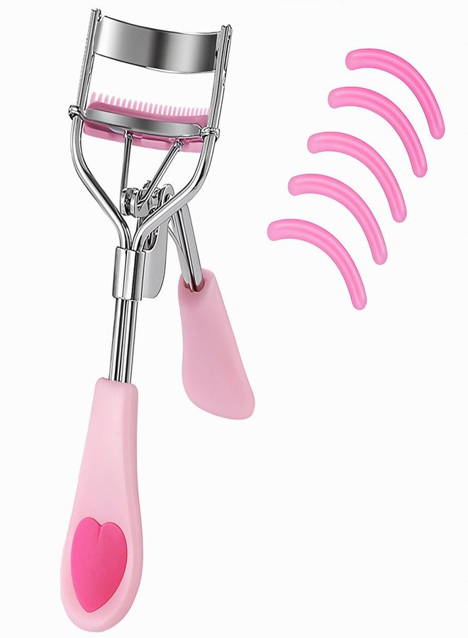 MERVK Stainless Steel Eyelash Curler with Built-in Comb Pinch Pain-Free Suitable for Any Eye Shapes and Sizes, with 5 Silicone Refill Pads (Light Pink) - Image 1