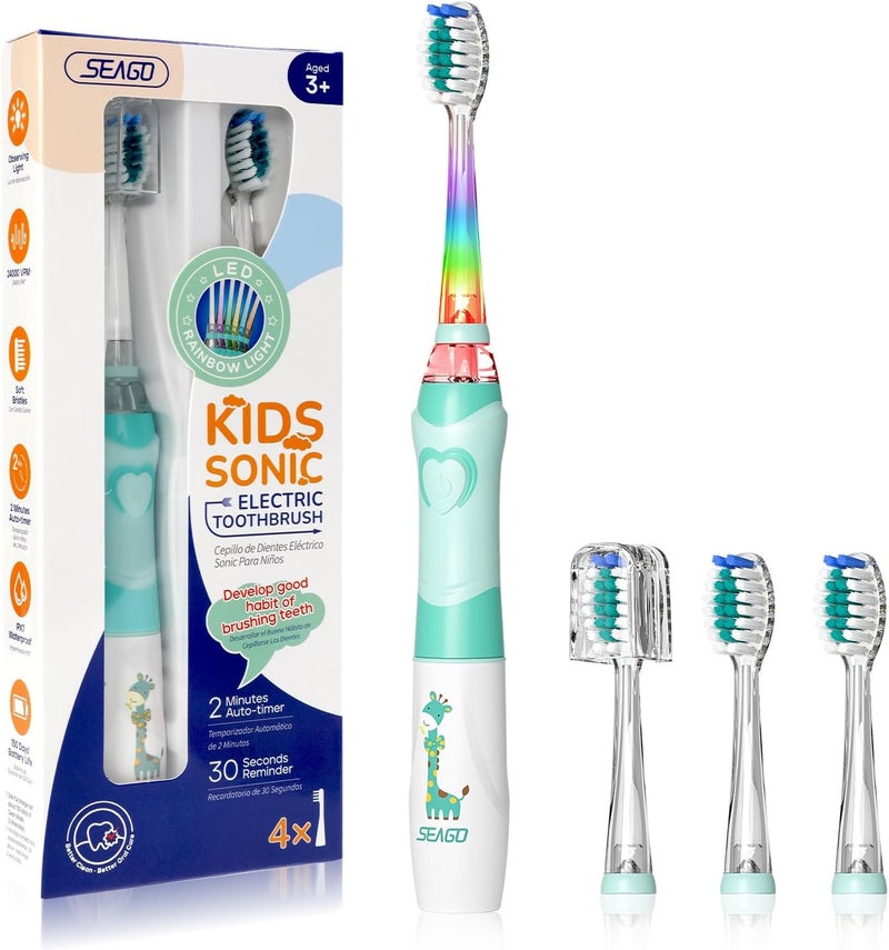 Seago Kids Electric Toothbrush with 2 Mins Brushing Timer and 4 Replacement Bursh Heads, Rainbow LED Light Make Brushing Fun, Green Color Boys Battery Powerd Toothbrush for 4-12 Years Old，SG-977 - Image 1
