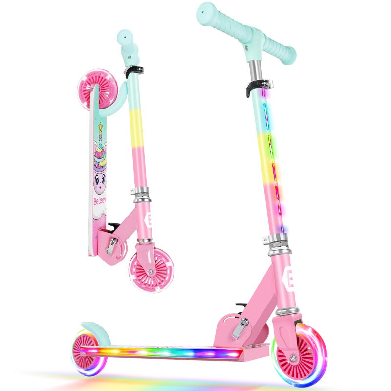 BELEEV Scooters for Kids Ages 3-12 with Light-Up Wheels & Stem & Deck, 2 Wheel Folding Scooter for Girls Boys, 3 Adjustable Height, Non-Slip Pattern Deck, Lightweight Kick Scooter for Children (Pink) - Image 1