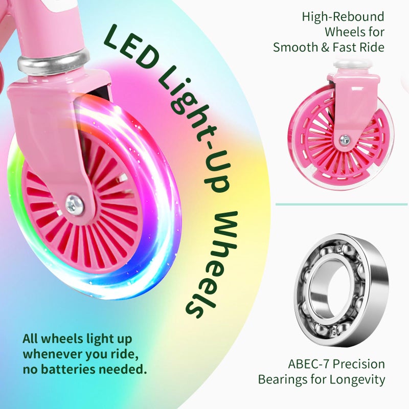 BELEEV Scooters for Kids Ages 3-12 with Light-Up Wheels & Stem & Deck, 2 Wheel Folding Scooter for Girls Boys, 3 Adjustable Height, Non-Slip Pattern Deck, Lightweight Kick Scooter for Children (Pink) - Image 2