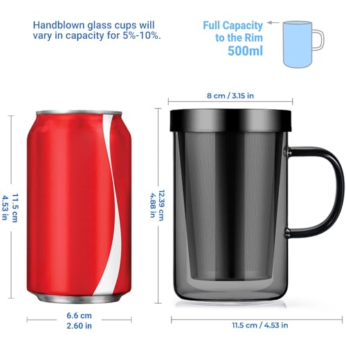 ecooe 16.9oz Glass Tea Cup with Infuser and Lid Clear Glass Tea Cup with Removable Stainless Steel Infuser & Lid, 500ml Teacup for Loose Leaf Tea, Tea Maker Gift for Birthday (Black Glass) - Image 2