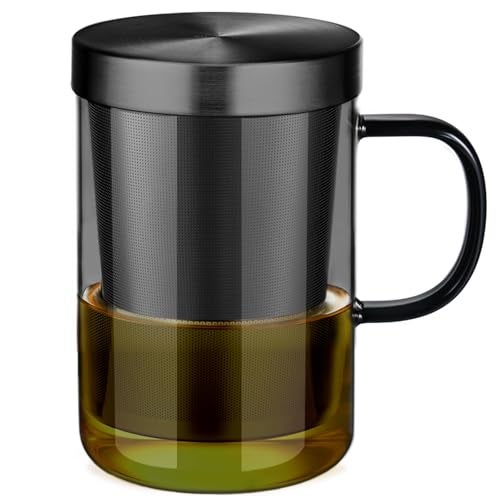 ecooe 16.9oz Glass Tea Cup with Infuser and Lid Clear Glass Tea Cup with Removable Stainless Steel Infuser & Lid, 500ml Teacup for Loose Leaf Tea, Tea Maker Gift for Birthday (Black Glass) - Image 1