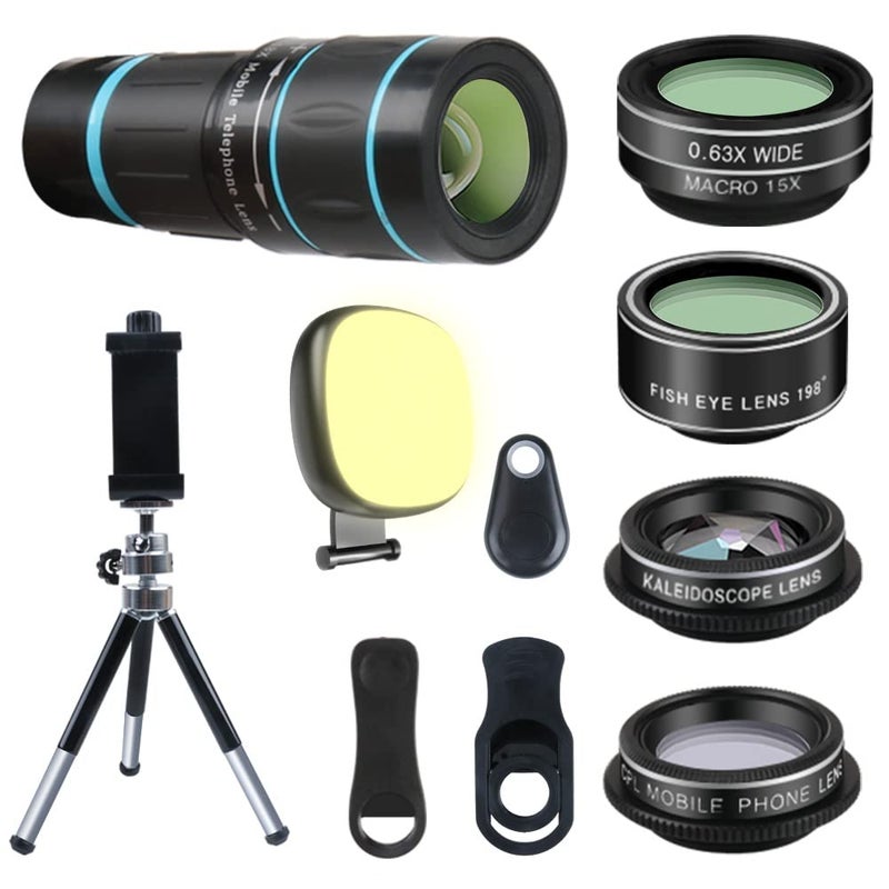 Phone Camera Lens 6 lenses LED Light Remote Shutter Tripod 18X Telephoto ZoomWide angleMacroFisheyeCPLKaleidoscope camera lens kit for iPhone Xs X XR 8 7 6 Plus Samsung and Android