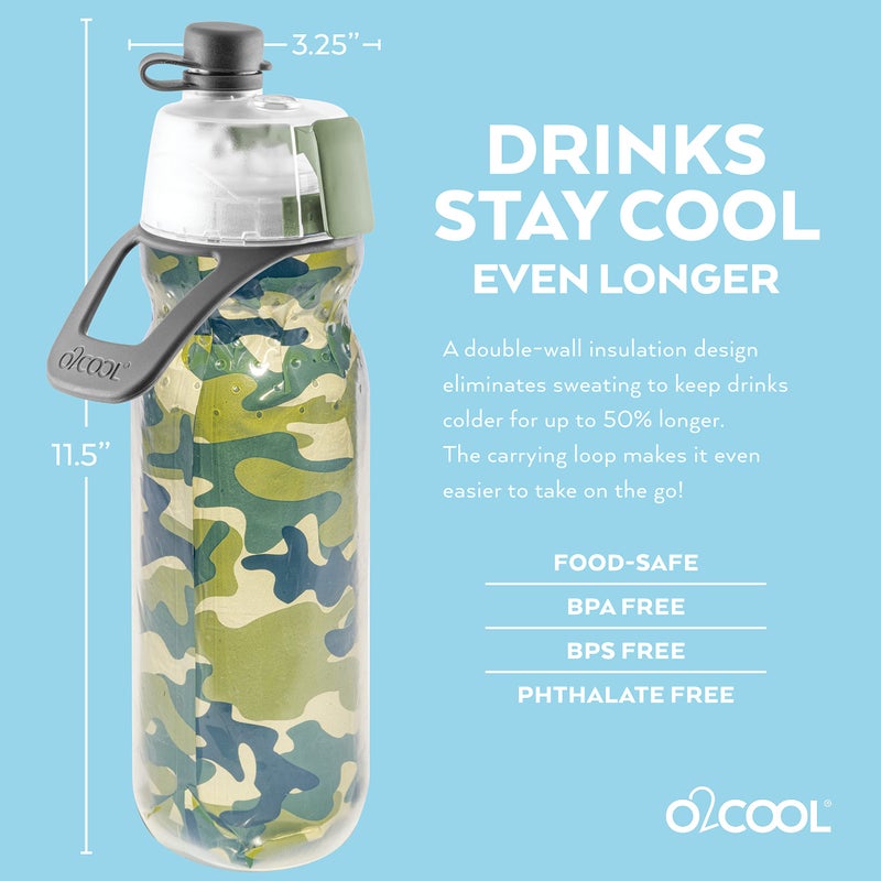 O2COOL Mist 'N Sip Misting Water Bottle 2-in-1 Mist And Sip Function With No Leak Pull Top Spout Reusable Sports Water Bottle - 20 oz (Green Camo) - Image 5