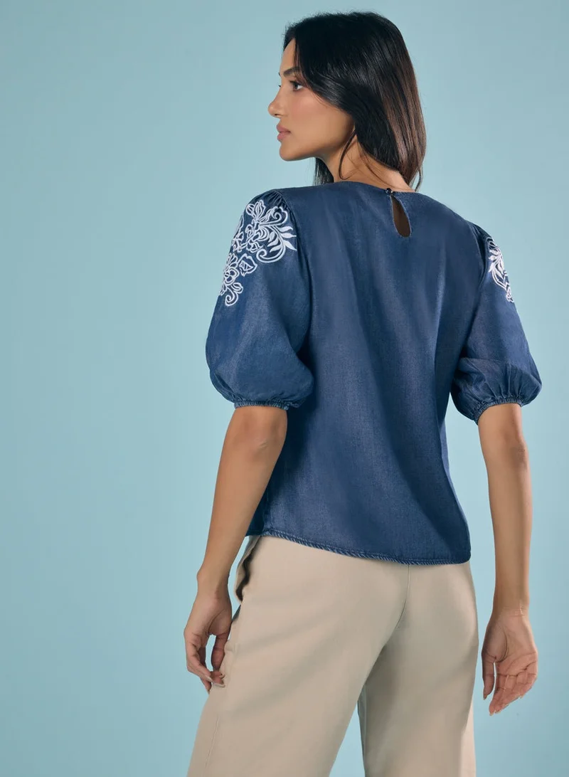 Zigzag Embroidery And Cut Work Dark Blue Top