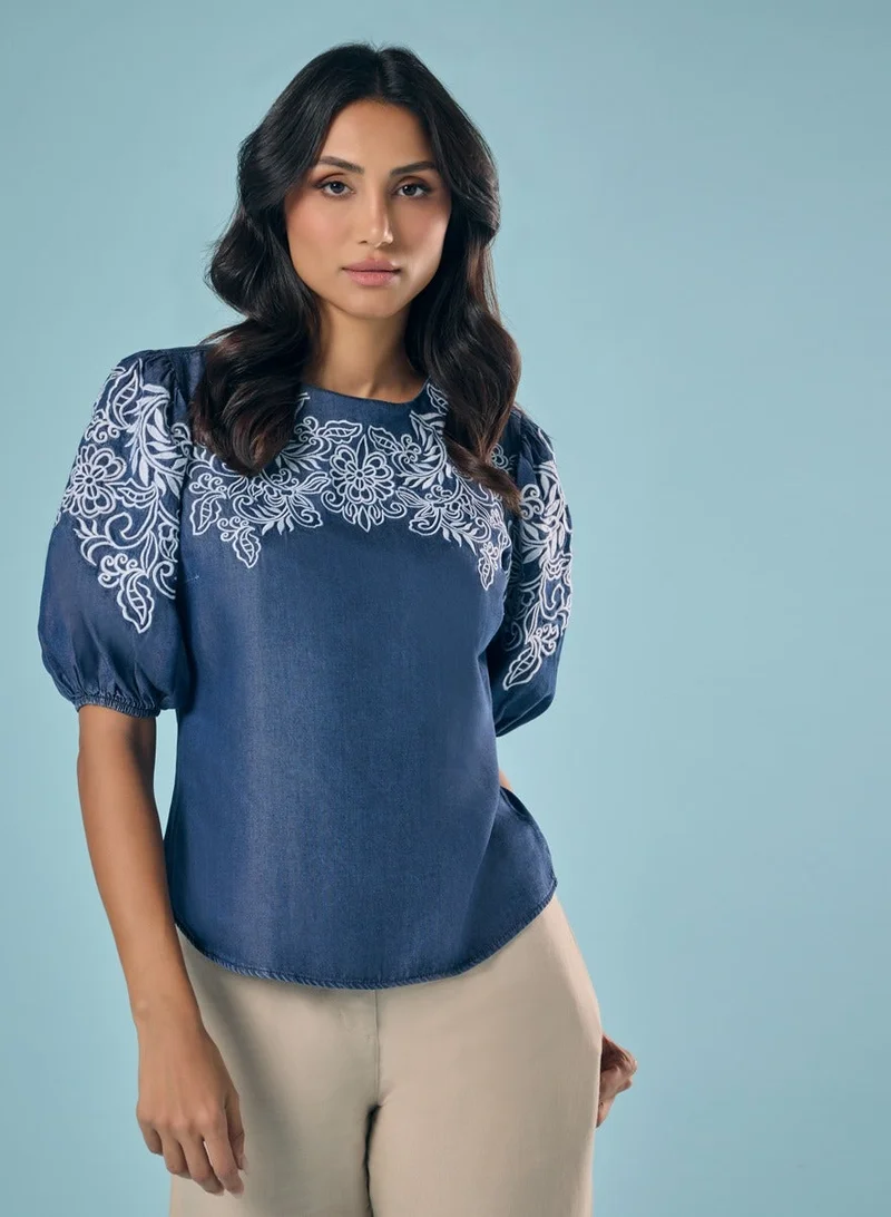 Zigzag Embroidery And Cut Work Dark Blue Top