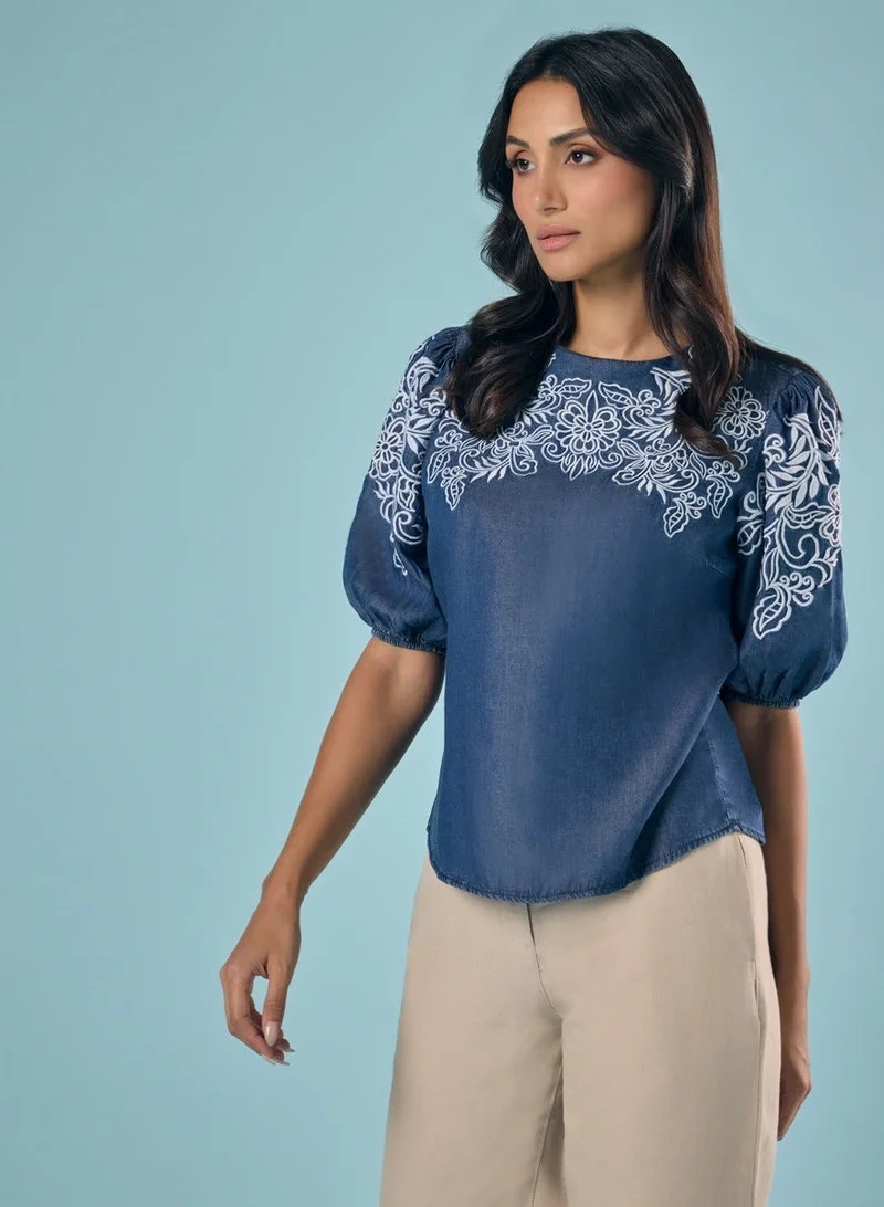 Zigzag Embroidery And Cut Work Dark Blue Top