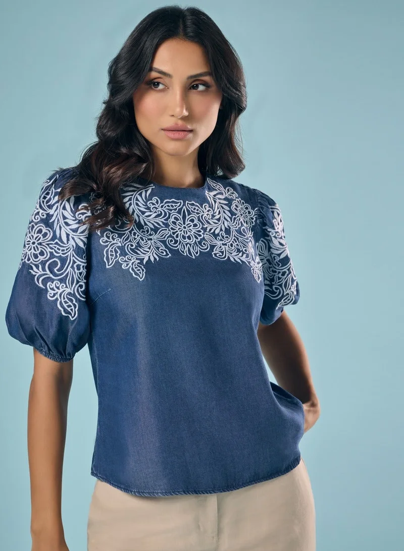 Zigzag Embroidery And Cut Work Dark Blue Top