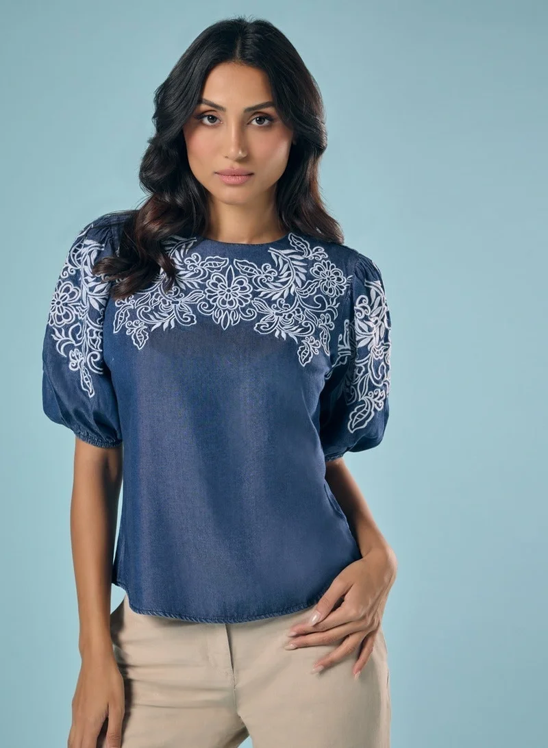 Zigzag Embroidery And Cut Work Dark Blue Top