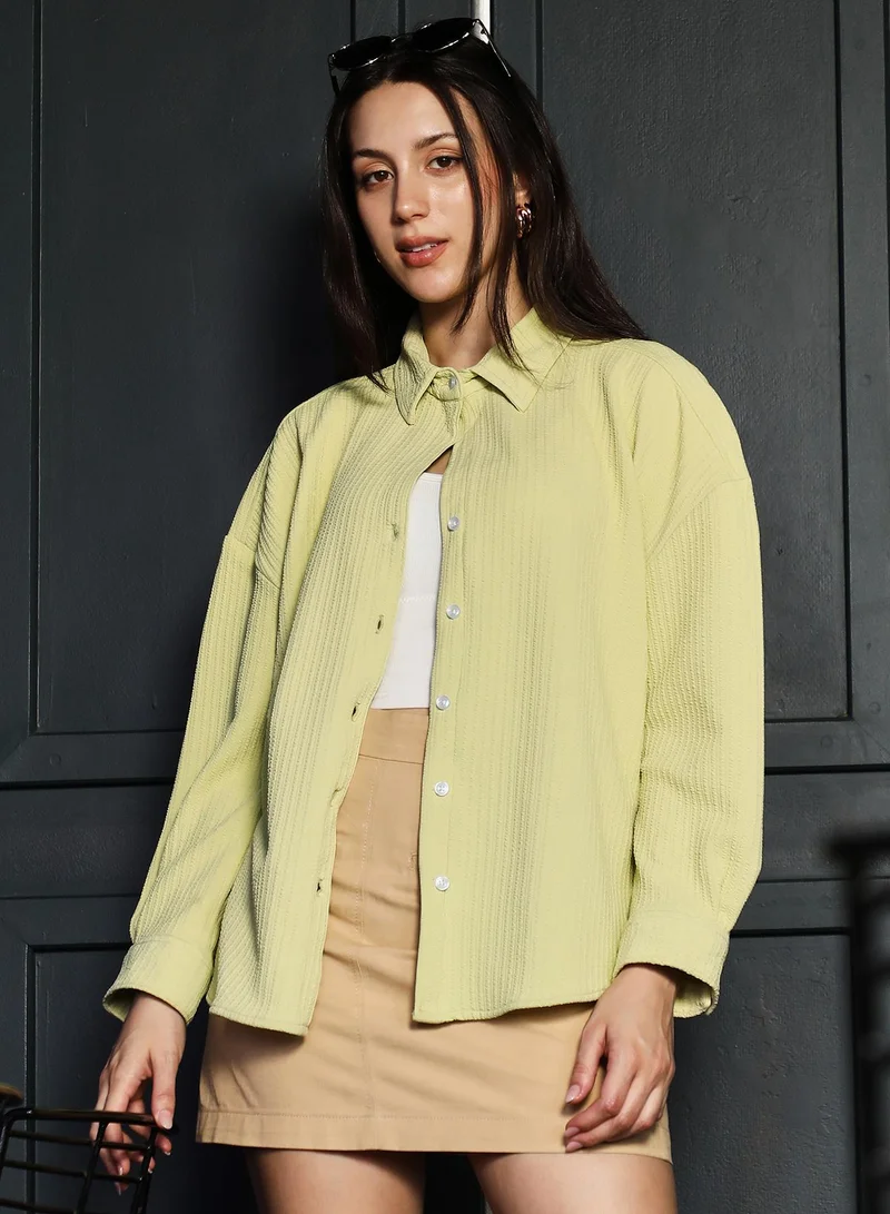 Women's Lime Yellow Striped-Creased Tactile Oversized Shirt | نساء | أكمام طويلة | مخطط | طوق منتشر | كاجوال كبير الحجم | قميص