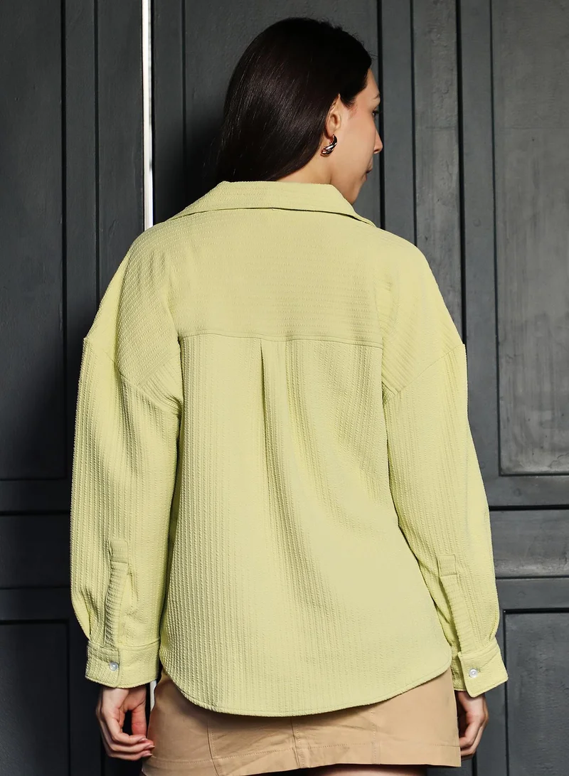 Pinacolada  Women's Lime Yellow Striped-Creased Tactile Oversized Shirt | نساء | أكمام طويلة | مخطط | طوق منتشر | كاجوال كبير الحجم | قميص for Women | Best Price UAE
