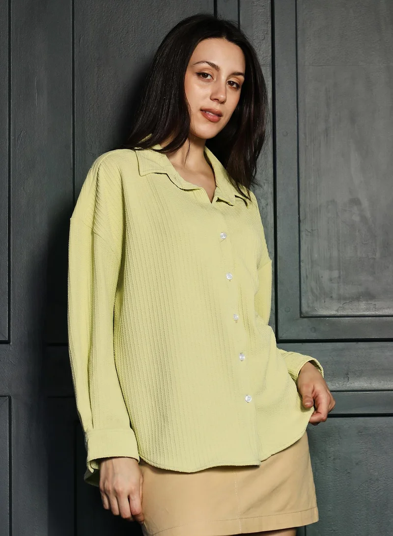 Pinacolada  Women's Lime Yellow Striped-Creased Tactile Oversized Shirt | نساء | أكمام طويلة | مخطط | طوق منتشر | كاجوال كبير الحجم | قميص for Women | Best Price UAE