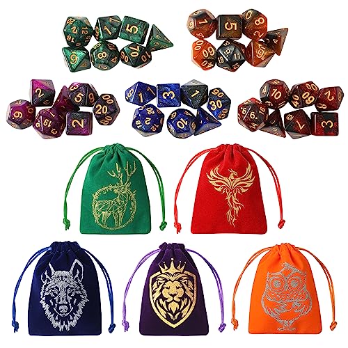 Grajar 35Pcs DND Dice Set with 5 Colorful Animal Patterned Dice Pouches Polyhedral Dice Sets for Dungeons and Dragons DD TTRPG MTG Table Role Playing Games Starry Sky - Image 1