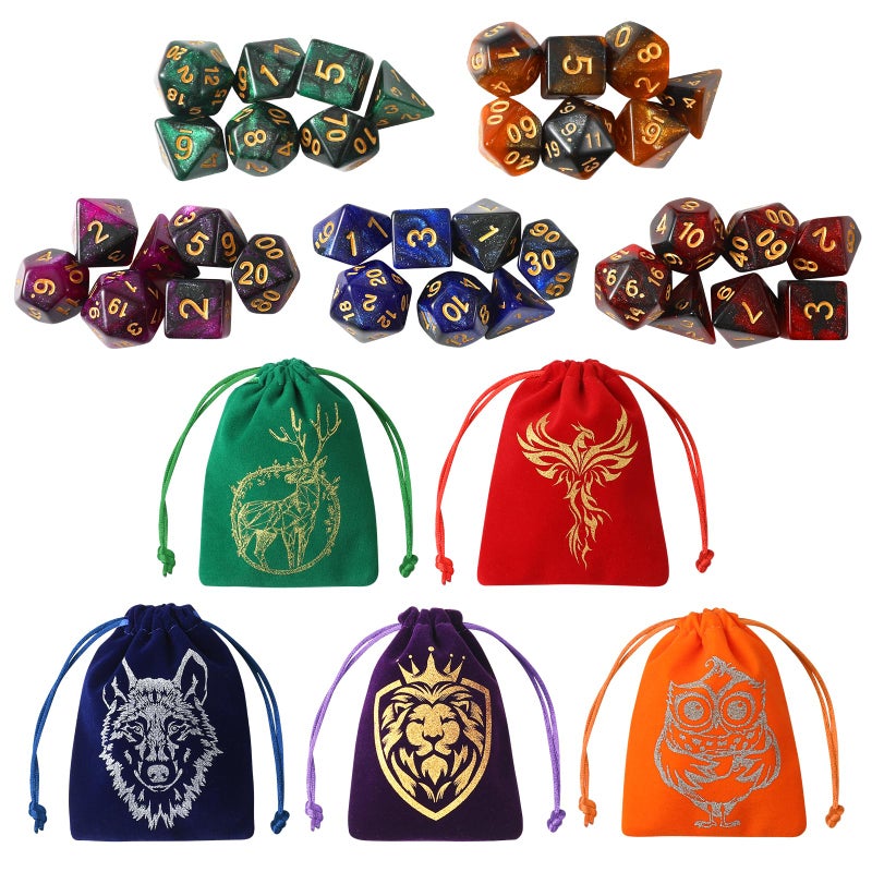 Grajar 35Pcs DND Dice Set with 5 Colorful Animal Patterned Dice Pouches Polyhedral Dice Sets for Dungeons and Dragons DD TTRPG MTG Table Role Playing Games Starry Sky - Image 3