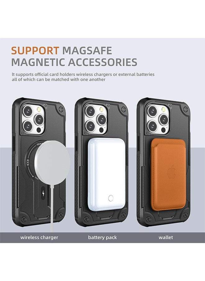اتش اس - غطاء لآيفون 15 برو ماكس ، حامل مدمج متوافق مع MagSafe غطاء هاتف عمودي وأفقي مقاوم للصدمات من الدرجة العسكرية لهاتف iPhone 15 Pro Max - أسود - Image 1