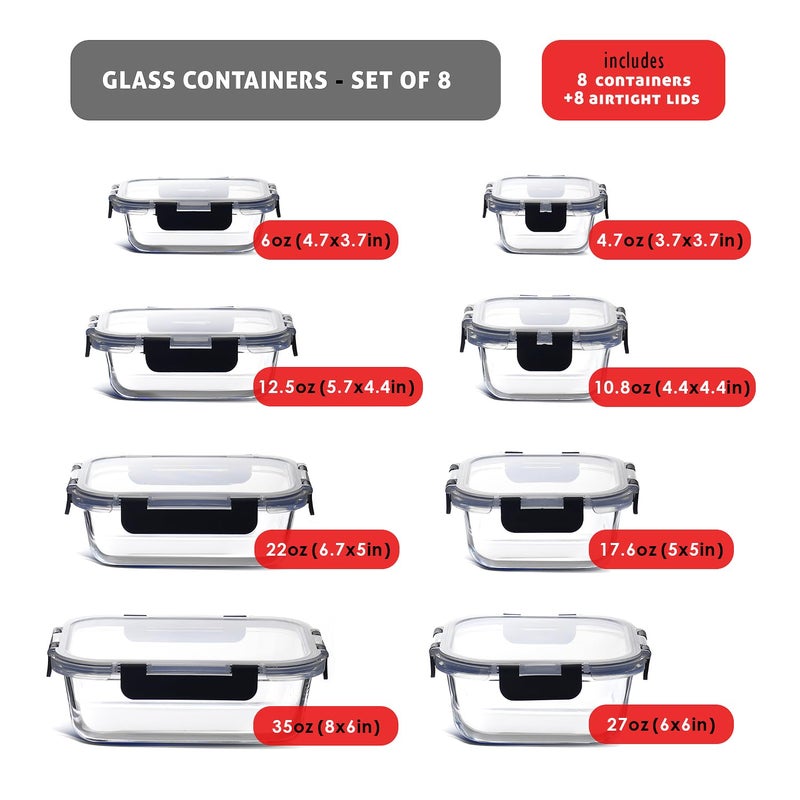 EATEX 16pc Glass Food Storage Containers with Lids, Airtight Glass Meal Prep Containers, 8 Reusable Food Storage Bins with 8 Leakproof Snap Lock Lids, Oven Microwave Freezer Safe Containers New - Image 3