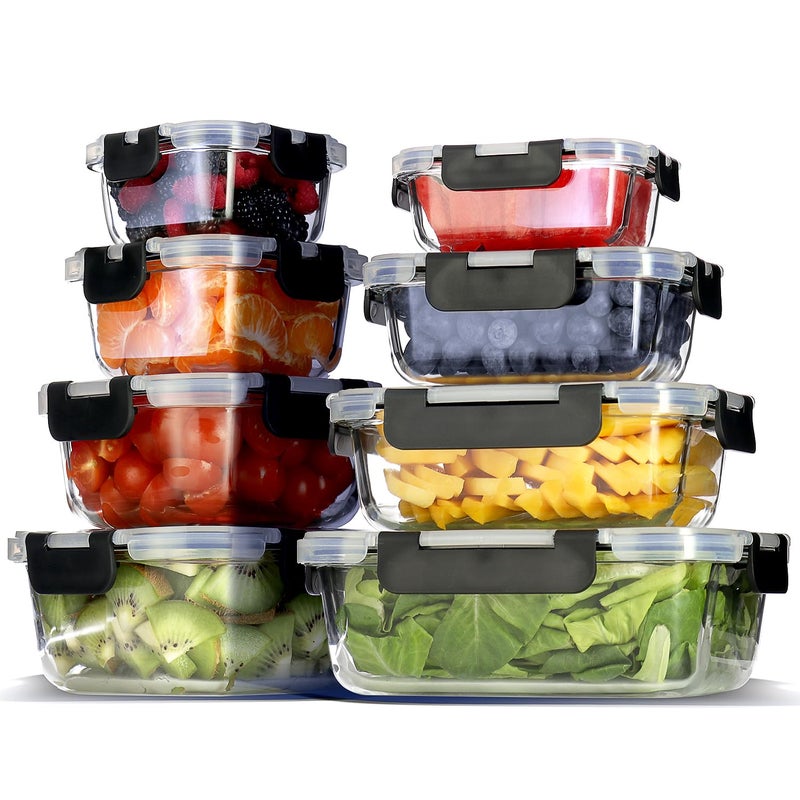 EATEX 16pc Glass Food Storage Containers with Lids, Airtight Glass Meal Prep Containers, 8 Reusable Food Storage Bins with 8 Leakproof Snap Lock Lids, Oven Microwave Freezer Safe Containers New - Image 1