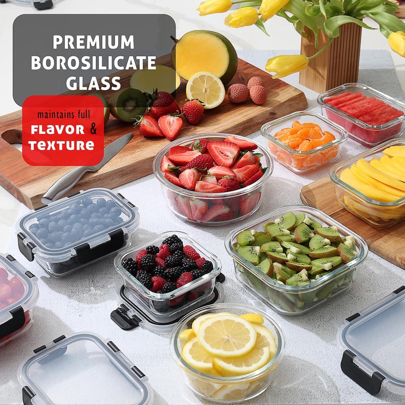 EATEX 16pc Glass Food Storage Containers with Lids, Airtight Glass Meal Prep Containers, 8 Reusable Food Storage Bins with 8 Leakproof Snap Lock Lids, Oven Microwave Freezer Safe Containers New - Image 2