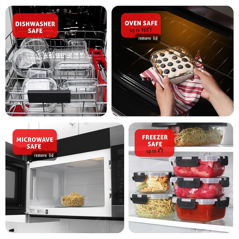 EATEX 16pc Glass Food Storage Containers with Lids, Airtight Glass Meal Prep Containers, 8 Reusable Food Storage Bins with 8 Leakproof Snap Lock Lids, Oven Microwave Freezer Safe Containers New - Image 4