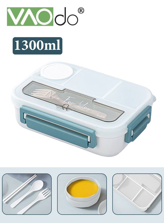 فاو دو صندوق غداء بينتو 3 قطع مع أدوات المائدة، صندوق غداء للكبار مع 4 حجرات وحاوية صلصة واحدة، خالٍ من مادة BPA، آمن للاستخدام في الميكروويف وغسالة الصحون للمنزل والمدرسة والمكتب أزرق - Image 1