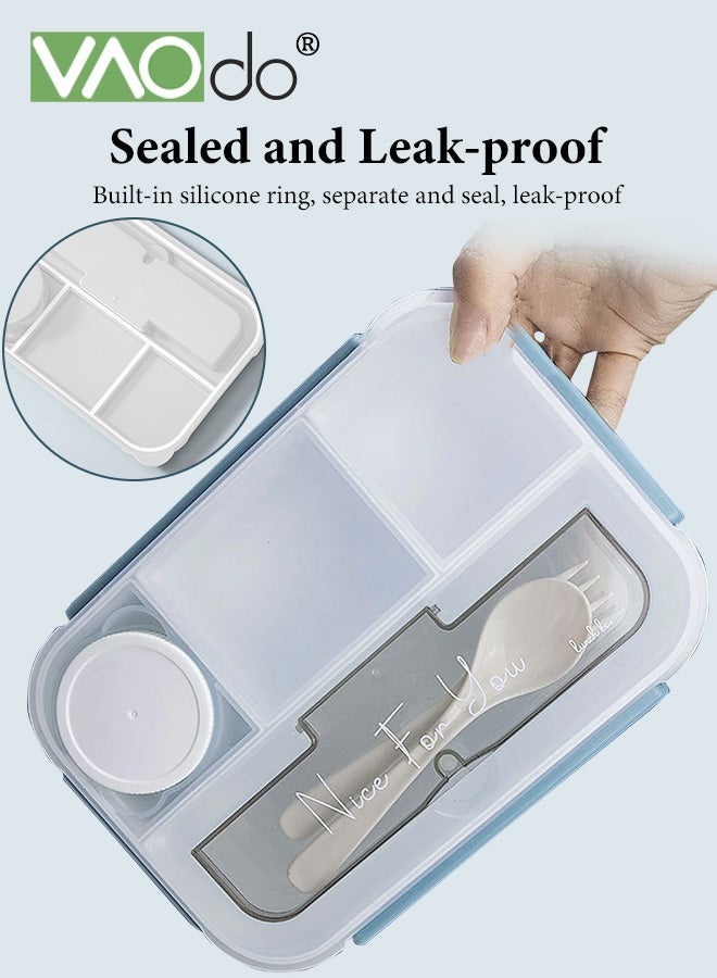 فاو دو صندوق غداء بينتو 3 قطع مع أدوات المائدة، صندوق غداء للكبار مع 4 حجرات وحاوية صلصة واحدة، خالٍ من مادة BPA، آمن للاستخدام في الميكروويف وغسالة الصحون للمنزل والمدرسة والمكتب أزرق - Image 3